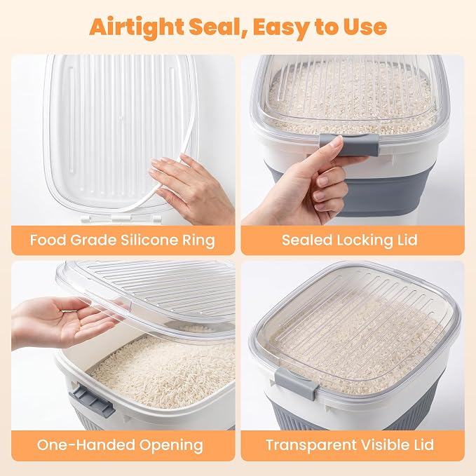 50 Lbs Rice Container, Collapsible Dog Food Storage Container | Airtight Cat Food Container with Wheels, Transparent Lid, Measuring Cup, Scoop, BPA Free for Pet Food, Grain, Bird Seed