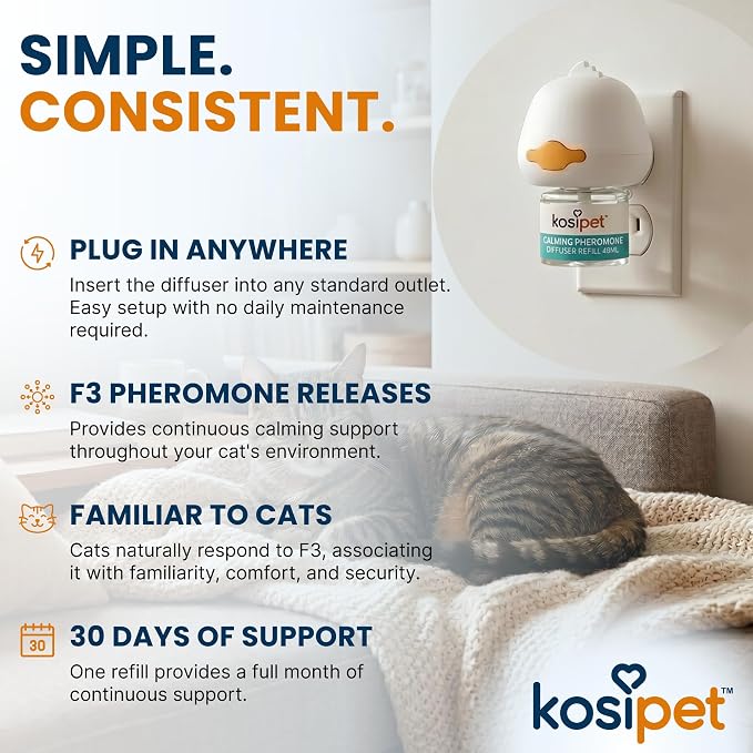 Cat Calming Diffuser with Feline Facial Pheromone (F3), Drug-Free & Scent-Free, 30-Day Plug-in Kit | Cat Calming Diffuser with Feline Facial Pheromone (F3)