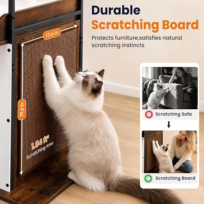 48in Wood Modern Cat Tree for Large Indoor Cats with Big Perch Bed | Multi-Level Climbing Design, Cat Cando, Sisal Scratching Posts and Board, Removable Washable Pads, Stable Rustic Brown