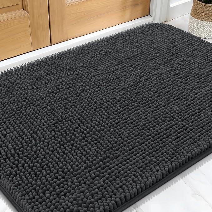 OLANLY Dog Door Mat for Muddy Paws 32x20, Super Absorbent Chenille Mud Mat | Dark Grey, Absorbs Moisture and Dirt, Non-Slip Machine Washable Doormat, Quick-Drying Indoor Entryway Floor Carpet for Dogs