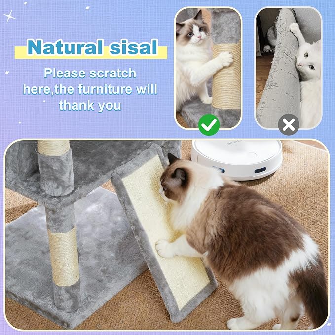 Hey-brother Cat Tree Tower with Extra Large Platform and Basket, MPJ080W | 71.7 Inches Scratching Posts with Specious Condo, 2 Cozy Hammocks, Scratch Board for Indoor Adult Cats, Maine Coon Light Gray