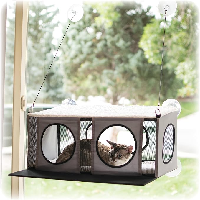 K&H Cat Window Perch, EZ Mount Window Penthouse Kitty Sill, 23x19in, Gray | 2-Level Cat Window Hammock Bed For Large Kitties, Fits 24in Wx34in H Glass, Steel Frame, Strong Suction Cups, Enclosed Condo