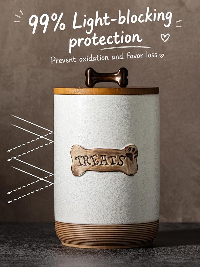 Miamolo Airtight Dog Treat Container, Dog Food Storage Container, Ceramic Dog Treat Jar with Wood Lid and Handle, Pet Treats Canister for Countertop, Farmhouse Gift for Dog Lovers, Bone Glinting White
