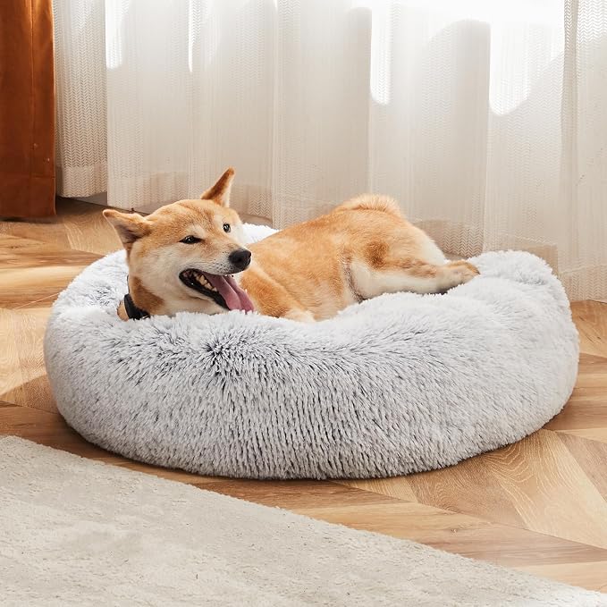 DUMOS Donut Dog Beds for Large Dogs, 37.4x37.4 Inch Machine Washable Cuddler Warming Cozy Fluffy Faux Fur Plush Round Pet Bed, Anti-Slip Bed for Indoor Dogs and Cats, Grey