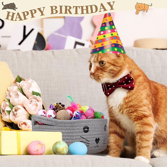 Zopeal 58 Pcs Summer Cat Storage Basket Gift Toys Set, Colorful Flashing Balls Pet Bell Crinkle Balls Spring Toys Attract Cat to Swat, Hunt, Interactive for Pet(Grey,9.8 Inch)