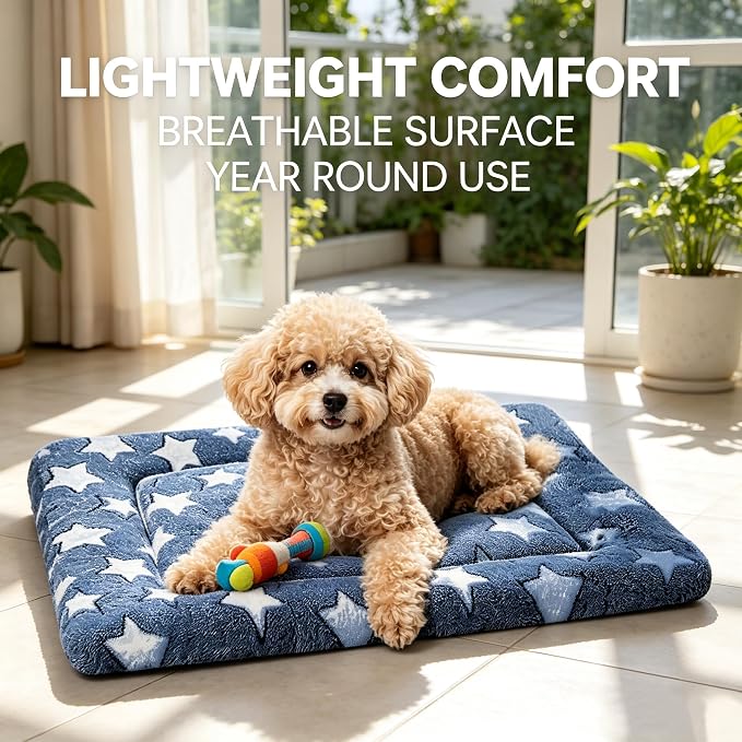 Dog Bed Mat - Comfortable Dog Kennel Pad, Multi-Purpose Crate Bed Mats for Dogs & Cats (NavyBlue&Stars, 24.0" L x 18.0" W x 1.5" Th)