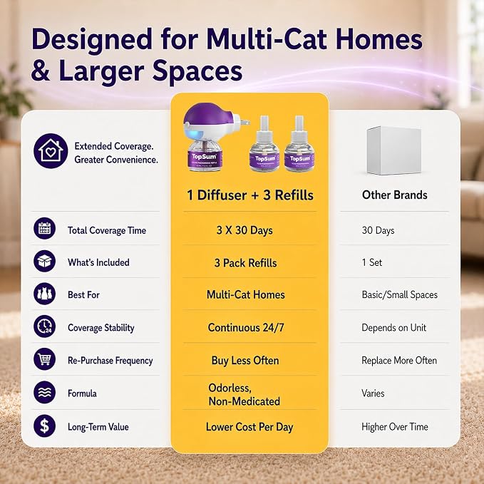 TopSum Cat Calming Pheromone Diffuser: Feline Pheromones Plug in for Stress, Alone At Home, Spraying, Fighting, Scratching, Aggression & Excessive Meowing (Purple, 1 Diffuser+3 Refills)