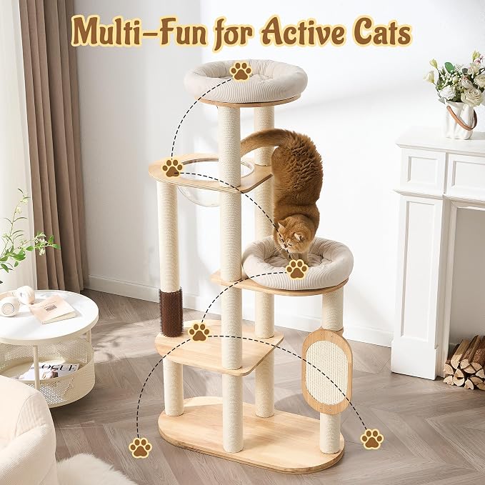 Modern Solid Wood Cat Tree for Indoor Cats Up to 15lbs, 60" Tall & Wide Cat Tower with Scratching Posts, Scratcher & Self-Grooming, Large Cat Beds, Capsule Nest, Multi-Level Cat Furniture