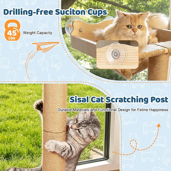 Cat Window Perch Hammock with 3-Piece Detachable Sisal Scratching Posts, Drill-Free Suction Cup Mount, Multi-Level Climbing Perch for Bird Watching, 45 LBS Capacity