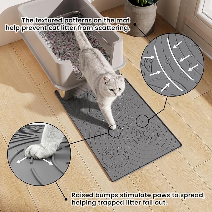 OHMO Cat Litter Mat Small 18.9x11.8in, Dark Grey Silicone Rubber Scatter Control Kitty Litter Box Trapping Mat, Waterproof Easy to Clean, Odorless Pet Supplies, Indoor Cat Essentials