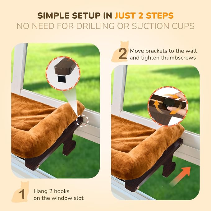 [Ready to Gift] PURRHOUSE 45LBS Cat Window Perch with Bolster, Hammock Seat with Plywood & Metal Frame, Cat Bed for Windowsill, Bedside and Cabinet (Walnut Wood & Brown Cushion, 24.8''W x 9.4''H)