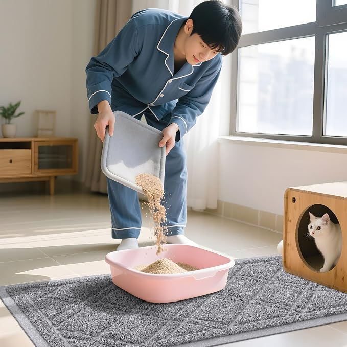 Smiry Cat Litter Box Mat 36x24, Non-Slip Water Resistant Litter Trapping Mat, Easy Clean Less Waste and Urine-Locking Cat Carpet for Indoor, Grey