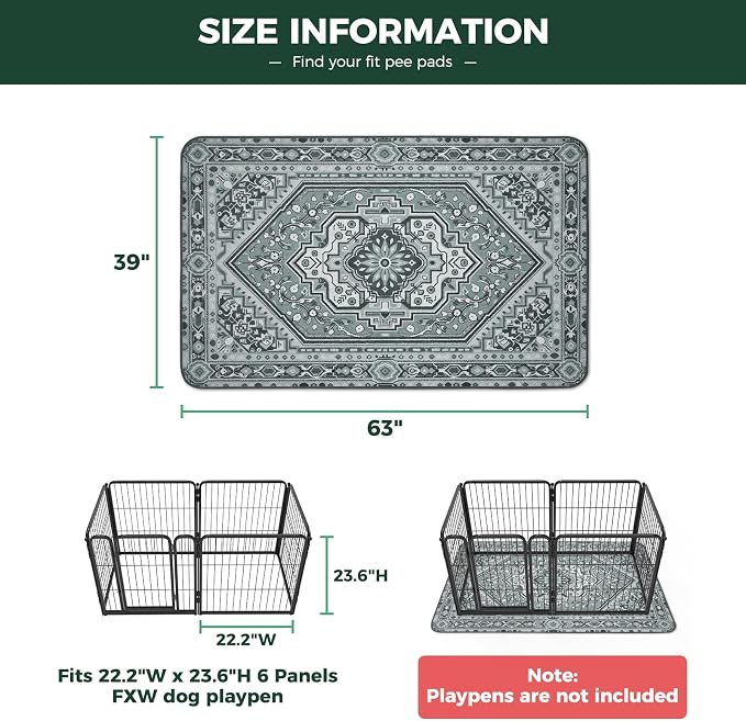 FXW Washable Pee Pads for Dogs, Super Absorbent, 39" x 63", 1 Pack | Machine washable, Non-slip backing, Fits 24"H 6-Panel FXW Rollick/Homeplus Playpens