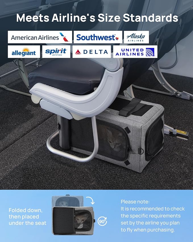 Pecute Airline Approved Cat Carrier, Pet Carrier Soft-Sided, Portable Dog Carrier with Stable Structure, TSA Approved Pet Carrier for Pets Less Than 12lbs, Cat Carrier Bag Suitable for Travel, Gray