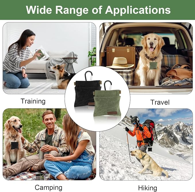2Pcs Dog Treat Pouch, Dog Treat Pouches for Pet Training, Portable Auto Closing Dog Walking Bag with Carabiner for Puppy Travel or Outdoor Use Black Green