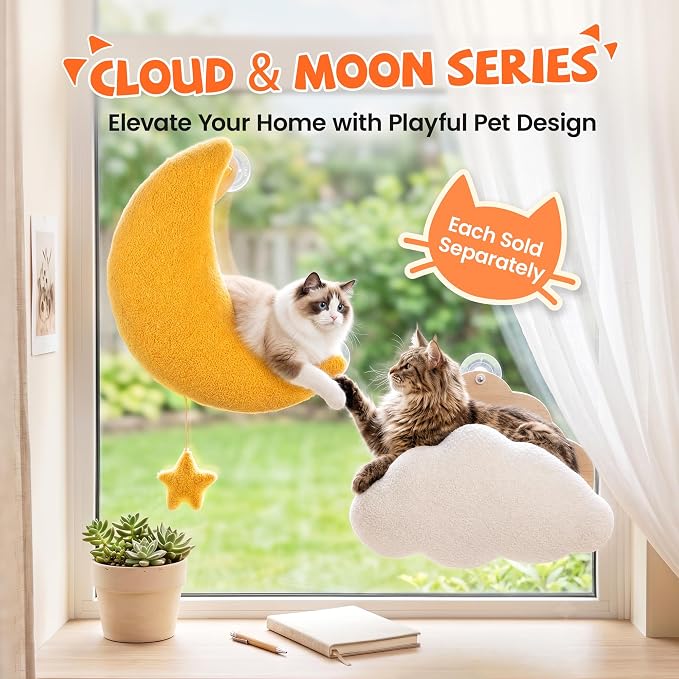 Cat Window Perch Moon Shape, Large Cat Hammock Bed Washable | Suction Mount, Steel Brackets, Soft Fabrics, Natural Pine Wood, Space Saving, Tool-Free Assembly, Watch birds, Sunbathing