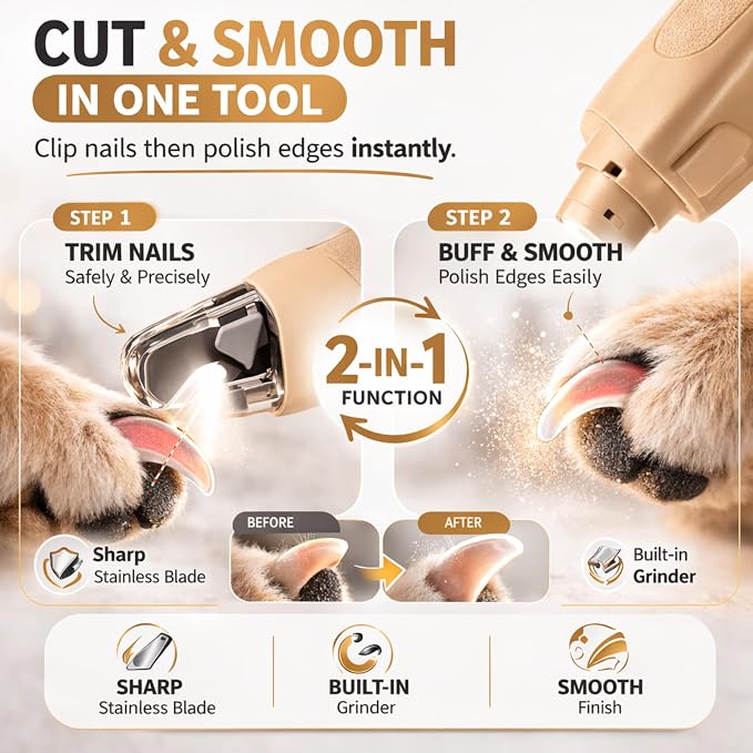 2-in-1 Dog Cat Nail Clippers with Light Bloodline Indicator & Electric Grinder – Type-C Rechargeable Dog Cat Nail Trimmer – Low Noise Grooming Tool with Battery Display (Dark Beige)