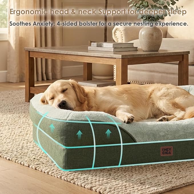 EHEYCIGA Orthopedic Dog Bed for Medium Dog, 35x22 Inch Memory Foam Dog Couch Bed with Sides, Waterproof Liner & Washable Removable Cover, Bolster Pet Sofa, Green