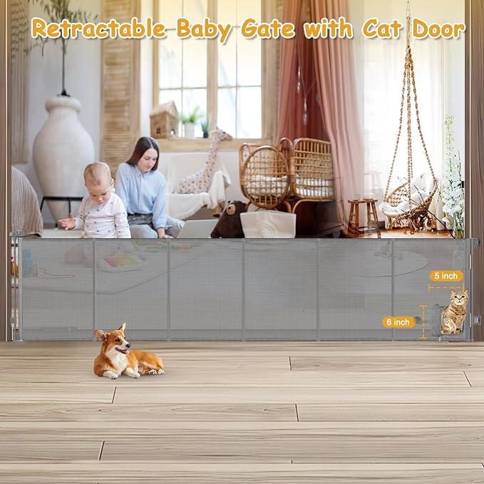 Reinforced 150 Inch Extra Wide Dog Gate with Cat Door 12.5 Ft Extra Long Baby Gates for Large Openings 37” Tall Retractable Pet Gates for Wide Openings Large Pet Gate with Cat Door, Gray