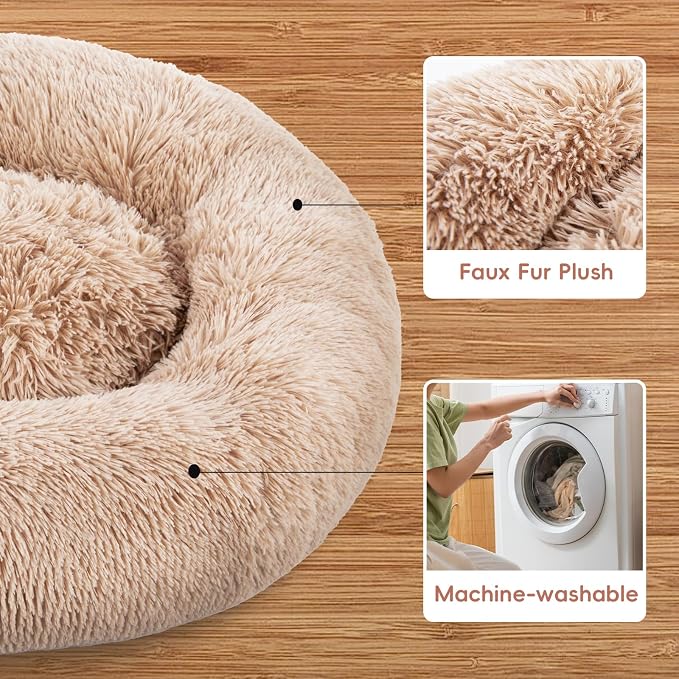 FluffyDream 30 Inch Calming Donut Bed for Dogs and Cats, Brown Washable Plush Fur Cuddle Bed