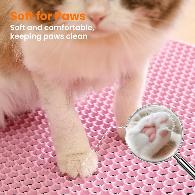 Extra Large Cat Litter Mat, Double Layer Honeycomb Design, Pink | 30x22”, Reduces Litter Tracking, Easy to Clean, Waterproof, Non-Slip, Soft on Paws, Scratch Resistant, Pink, XL