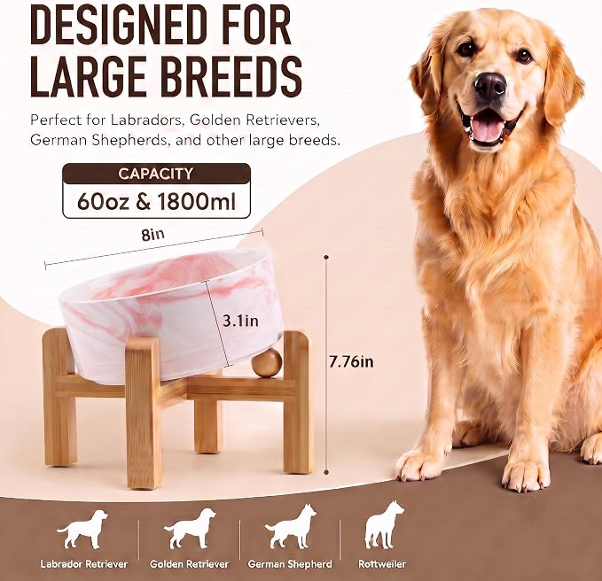 hjn Elevated Ceramic Dog Bowl 15°Slanted Raised Dog Bowl with Bamboo Stand for Small Medium Dogs and Cats, Pet Feeder -7.6-Cup (1800ml)-Marble Pink