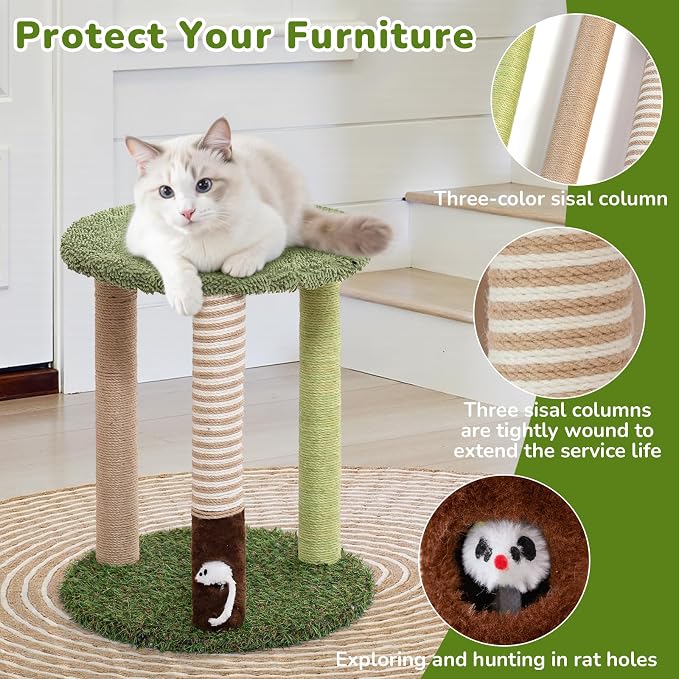 WOOCHPET 17" Small Cat Tree with Grass Base, 3 Sisal Scratching Posts & Top Perch, Cute Green Kitten Tower Platform, Small Cat Scratcher for Indoor Cats
