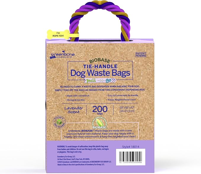Greenbone Poop Bags for Dogs with Handles Lavender Scent Purple with Bonus Rope Pet Toy, 200 Count on Single Roll, Plant Based