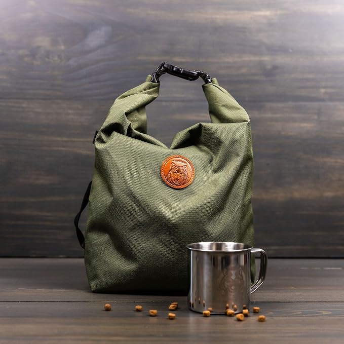 Wilderdog Doggie Bag - Water Resistant, Portable Kibble Carrier & Stainless Steel Mug - Olive