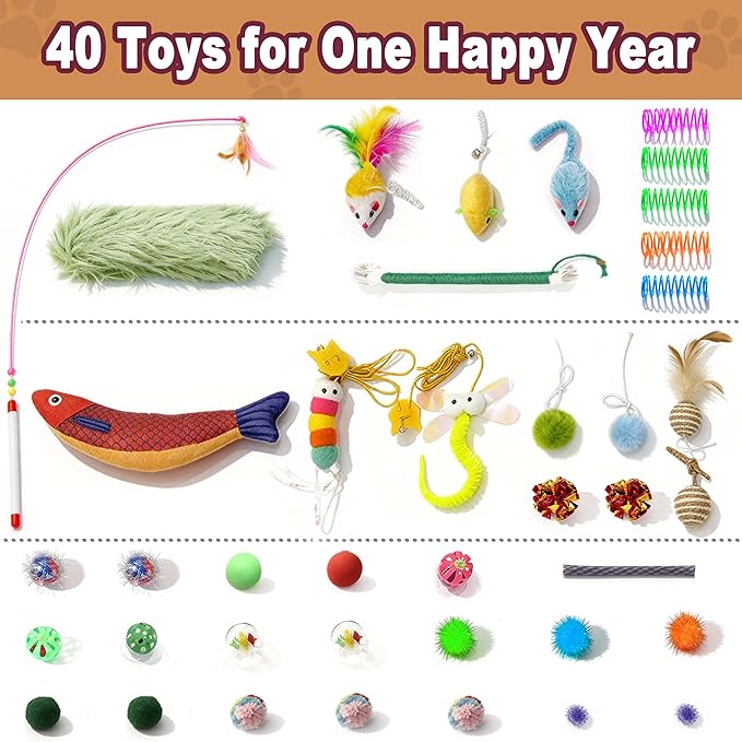 41 Pcs Interactive Cat Toys for Indoor Cats, Kitten Toys with Soft Pillow, Catnip Toys, Chew Rope, Feather Wand, Springs and Balls for Indoor Kittens