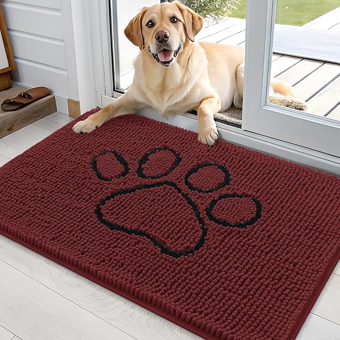 OLANLY Dog Door Mat for Muddy Paws 36x24, Paw Print Design Chenille Mud Mat | Caramel Russet, Absorbent, Traps Moisture and Dirt, Non-Slip Washable Doormat, Quick-Dry Indoor Entryway Carpet for Dogs