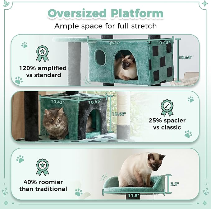ZENY 53‘‘ Cat Tree with Sisal-Covered Scratching Posts and 2 Plush Rooms Cat Furniture for Kittens (Green + Black)