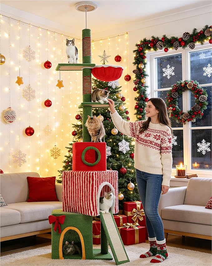PEQULTI 83-108'' Floor to Ceiling Cat Tree for Large Adult Cats, Christmas Cat Tower with Adjustable Height with 3 Large Condos, Plush Hammock, Thick Scratching Posts, Red/Green