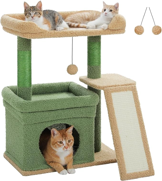 PEQULTI Cat Tree for Small Medium Cats, Green Cat Tower for Indoor Cats | Private cozy cat condo,soft top perch, natural sisal scratching posts & plush pom-pom toy