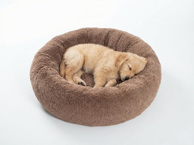 SAVFOX 23 inches Calming Donut Dog Bed - 3X Durable Plush Faux Fur, Machine Washable & Non-Slip, Fits up to 25 lbs, Brown