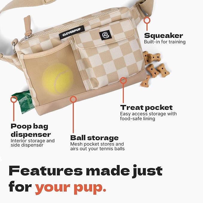 Walk & Train 2-in-1 Dog Walking Bag - Hands-Free Training Crossbody Sling & Fanny Pack with Treat Pouch, Poop Bag Holder, Phone Pockets - Adjustable Waist or Shoulder Strap - Checkerboard