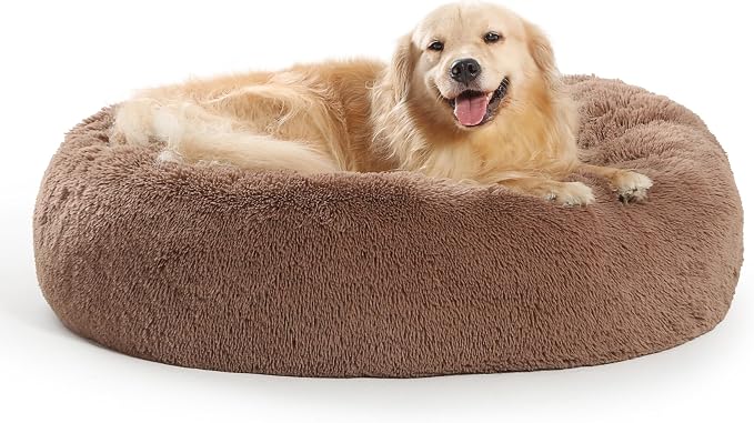 SAVFOX 36 inches Calming Donut Dog Bed - 3X Durable Plush Faux Fur, Machine Washable & Non-Slip, Fits up to 100 lbs, Brown