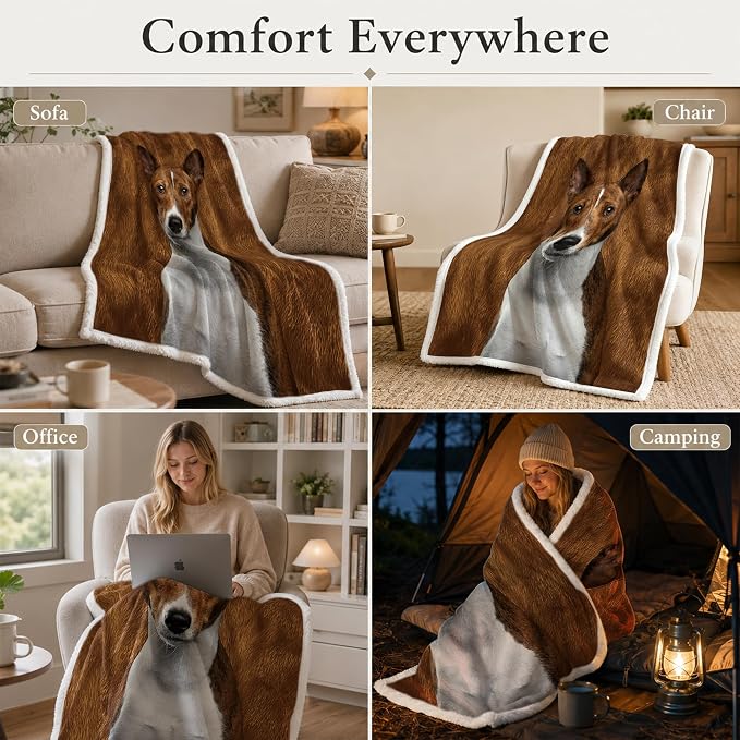 BlessLiving Basenji Brown Throw Blanket with Large Dog Patterns Sherpa Fleece Blanket Couch Bed, Soft Cozy Warm Pet Blankets for Puppy Lovers Cute Animal Print Gift 50x60 Inches