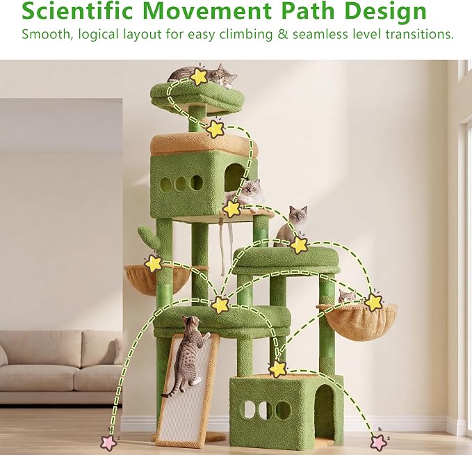 Heybly Cat Tree 72.4-Inch Anti-Tip Cat Tower with Spacious Perches HCT060GY | All-in-One Cat Furniture for Large Cats, Multiple Interactive Areas, Extra-Large Sisal Scratching Board, Green and Yellow