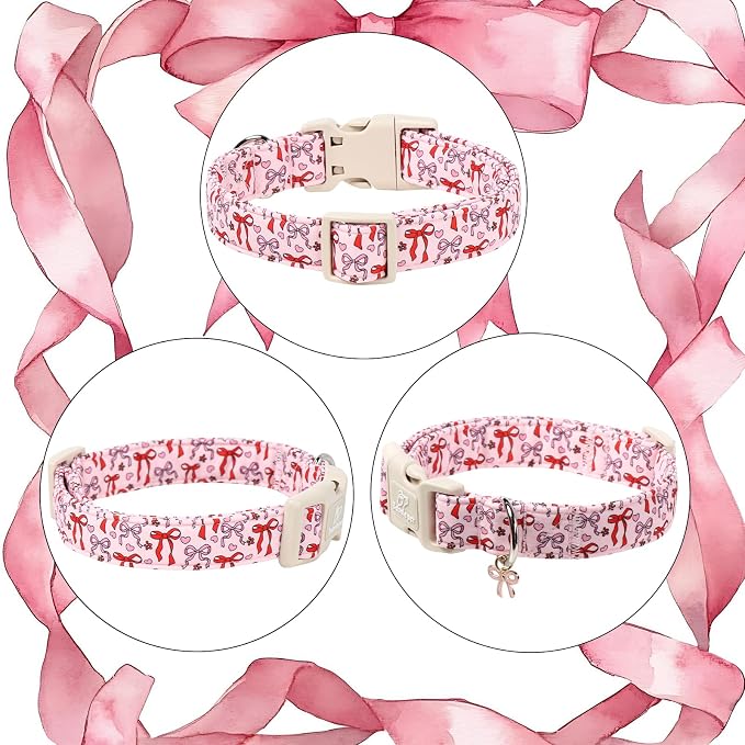 Girl Dog Collar for Medium Dogs - Cute Heart Bow Print Girly Dog Collars, Soft Adjustable Spring/Summer Holiday Female Dogs Collar with Quick-Release Buckle M