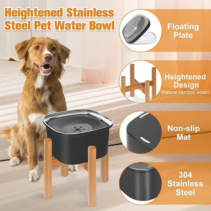 Decflow 3L Elevated Dog Water Bowl, Stainless Steel Raised Slow Water Bowl with Stand, Large Capacity No Spill Dog Dispenser for Small, Medium and Large Dogs | Raised Feeder with Wood Stand, spill proof Design, Large Capacity, for Small Medium Large Do...