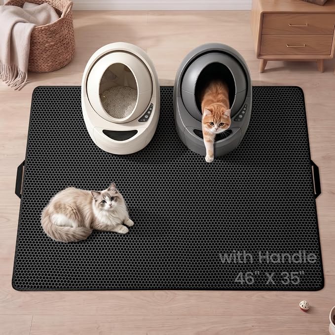 Cat Litter Mat, Upgrade Super Waterproof Back Layer Litter Box Mat, Non Slip, Durable, Soft on Paws Kitty Trapping Matt (46"x35", Black)