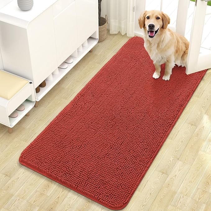 OLANLY Dog Door Mat for Muddy Paws 47x24, Super Absorbent Chenille Mud Mat | Maple Red, Absorbs Moisture and Dirt, Non-Slip Machine Washable Doormat, Quick-Drying Indoor Entryway Floor Carpet for Dogs