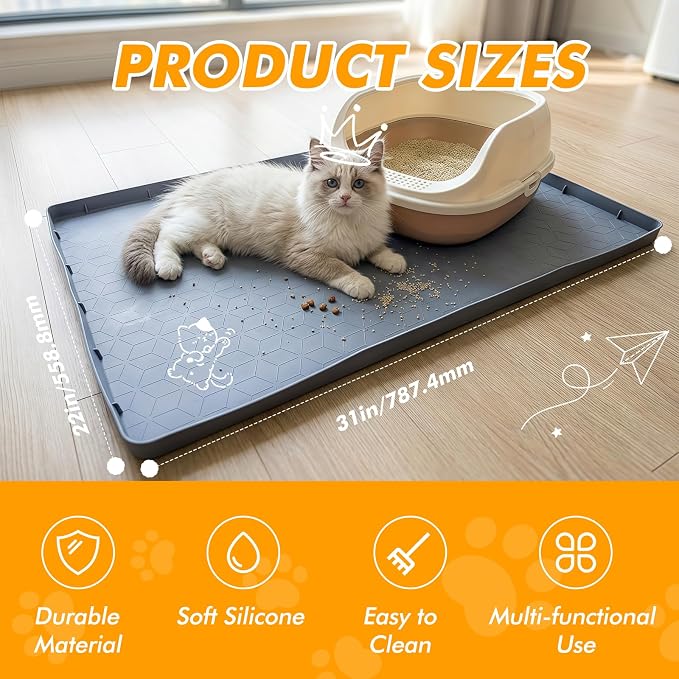 Silicone Cat Litter Mat for Litter Box, 31" x 22" Large Leak-Proof Tray, Scatter Control for Cat Litter, Soft Durable Material, Waterproof & Easy Clean Mat for Indoor Cats, Gray