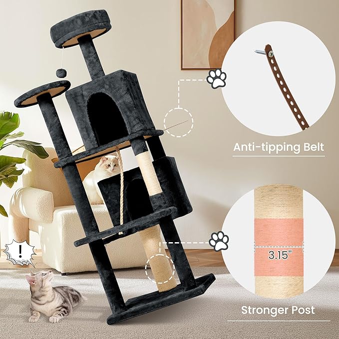 58.5inch Large Cat Tree Tower Condo for Indoor Cats, Soft Plush Multi-Level Climbing Tree Cat House with Cat Cave, Scratching Post, More Entrance/Exit, Sisal Rope, Grey Black