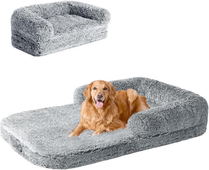 EHEYCIGA Foldable XXL Dog Bed for Large Sized Dog, 54"x38"x7.5" Faux Fur Fluffy Pet Couch Bed, Orthopedic Calming Memory Foam Big Pet Bed, Washable Pet Sofa Bed with Non-Slip Bottom, Grey