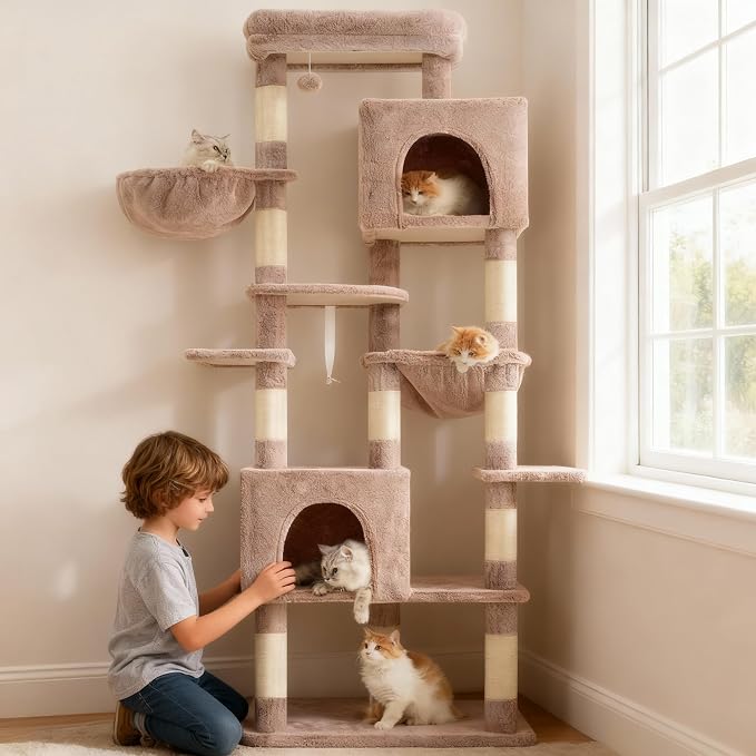 Heybly Cat Tree, 76-Inch Tall Heavy Duty Cat Tower for Big Cats HCT039MU | Multi-Level Large Cat Furniture with Extra Wide Baseboard, 2 Condos & 2 Hammocks, 10 Scratching Posts, Rosy Brown