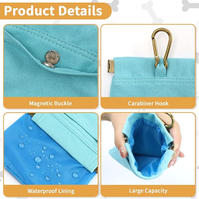 Dog Treat Pouch for Pet Training, Carabiner & Magnetic Buckle, Blue | Hand Free Dog Training Treat Bag, Auto Closing Dog Walking Bag for Puppy Travel or Outdoor Use, Pet Feed Snack Reward Pocket