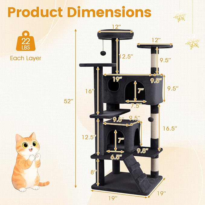 52-inch Cat Tree, Multi-Level Cat Tower with Sisal Scratching Posts, 2 Comfy Condos, Plush Padded Soft Top Perch, Dangling Balls, and Climbing Ladder, Ideal for Indoor Cats (Dark Grey)