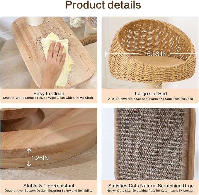 50 in Wooden Cat Tree for Indoor Cat, Large Cat Tower | Multi-Level Cat Condo,Modern Tall Design, with Scratching Post, with Hand-Woven Cat Bed, for Medium Size Cat, Easy to Clean